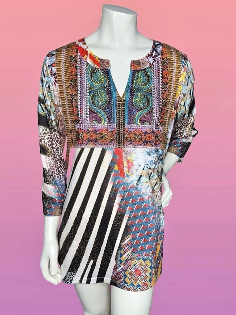 V Cristina Y2K Boho Mixed Print Embellished Tunic Top V-Neck 3/4 Sleeve Blouse